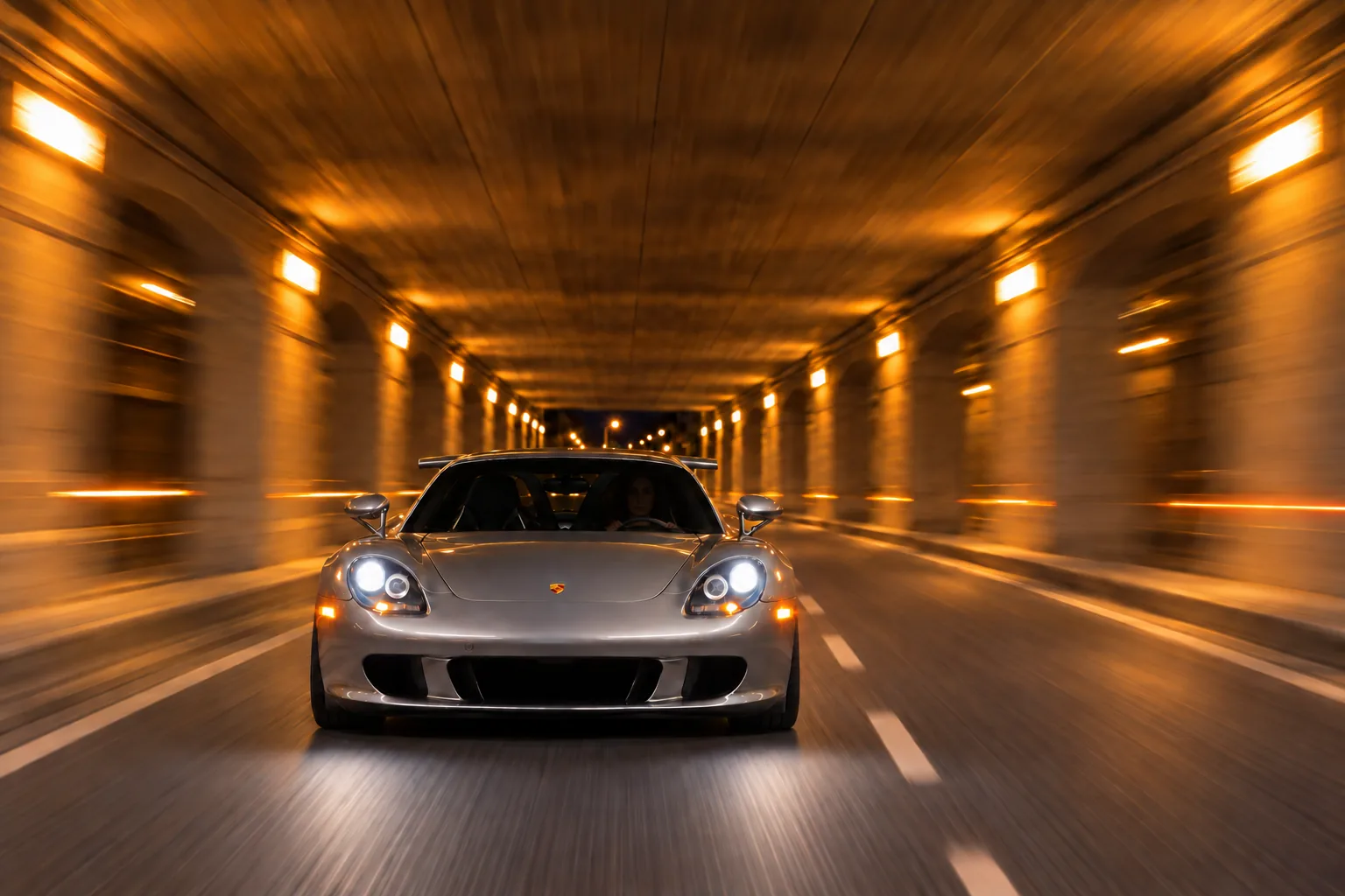 Head-on view of a silver supercar with headlights on in a symmetrical lit tunnel — thumbnail for the Carrera GT tunnel run video