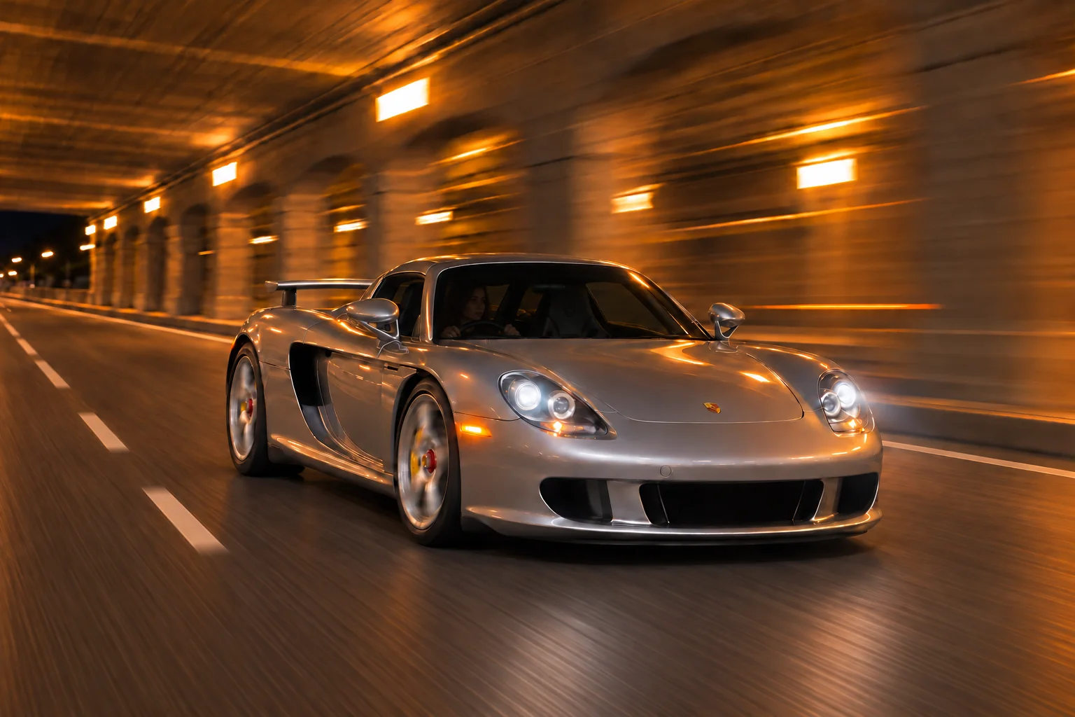 Silver Porsche Carrera GT with headlights on, approaching through a warm amber-lit tunnel at night