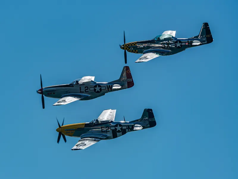 Formation of vintage P-51 Mustang fighters with polished and olive liveries