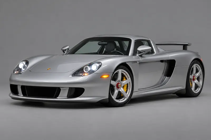 Silver Porsche Carrera GT front three-quarter view on a seamless grey studio backdrop