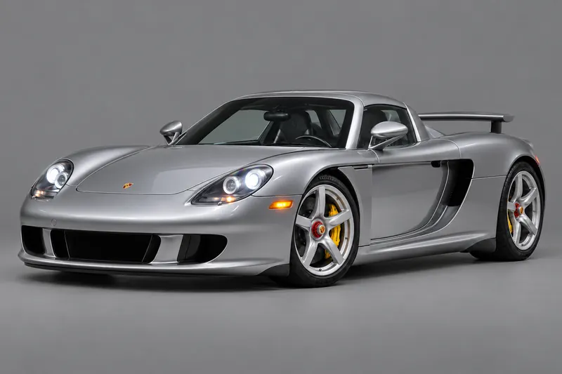 Low-angle front three-quarter view of a silver Carrera GT in the studio