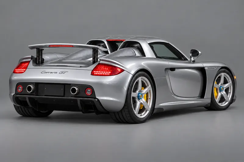 Rear three-quarter view of a silver Carrera GT with its wing raised