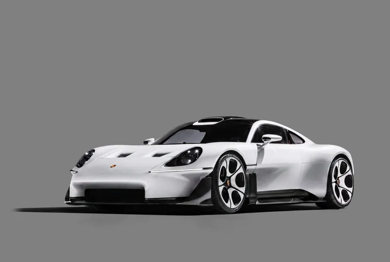 White Porsche Mission S concept car in front three-quarter view on a grey studio floor