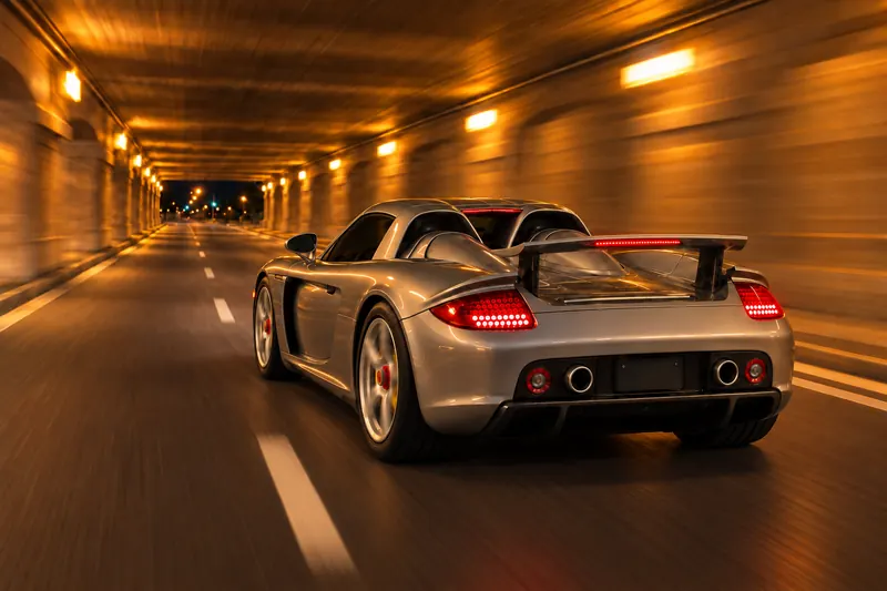 Supercar driving away down a glowing amber tunnel, tail lights lit