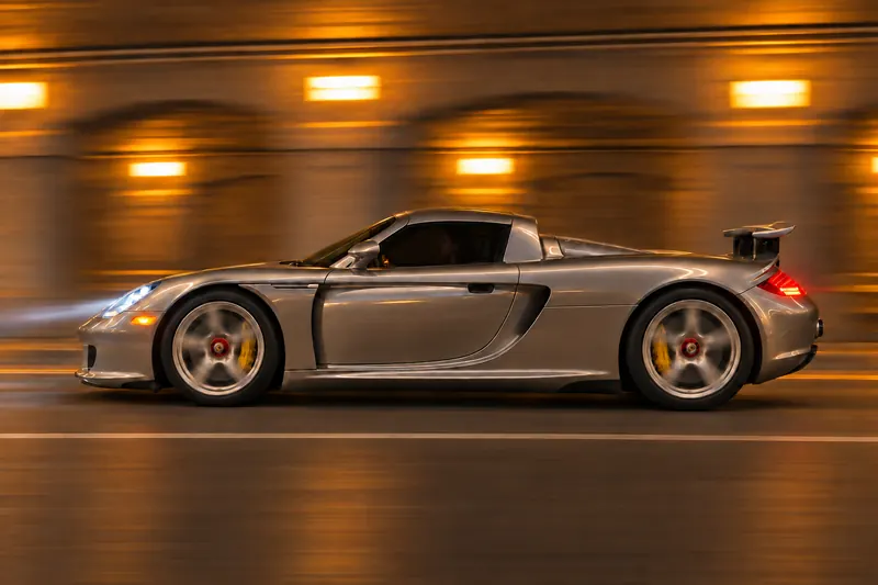 Silver supercar in side profile under amber tunnel lights with light streaks