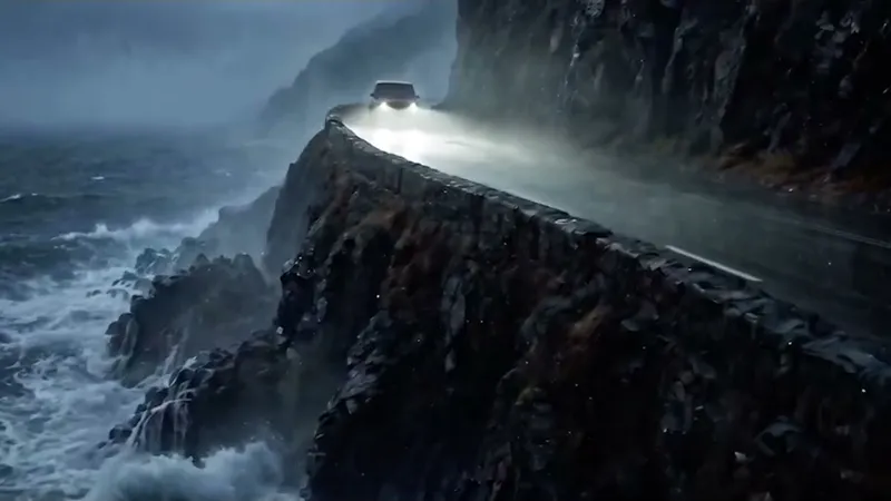 SUV on a cliffside coastal road with storm waves crashing below — thumbnail for the Build for the storm video