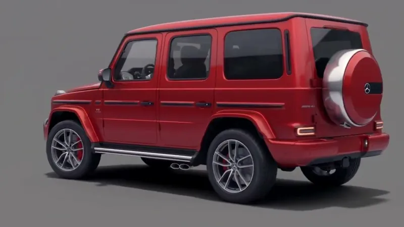 Red G-Class SUV on a grey studio turntable — thumbnail for the G wagon turntable video