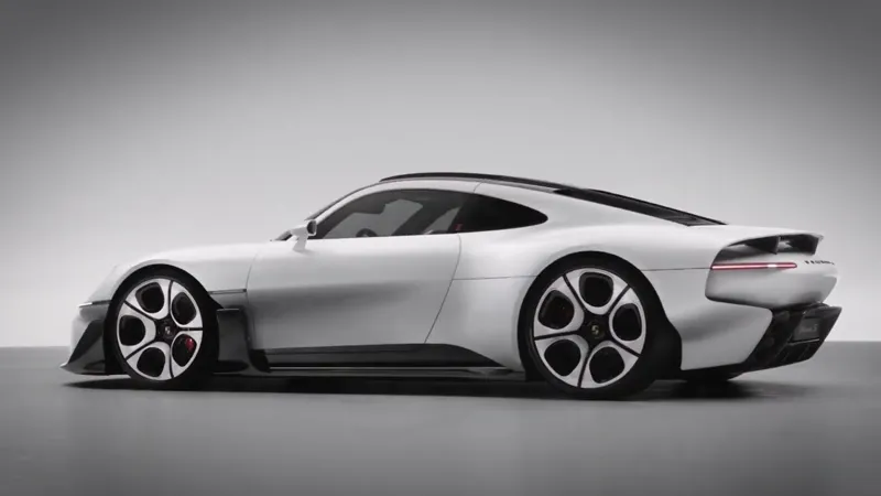 White Mission S concept car in profile in a grey studio — thumbnail for the Mission S turntable video