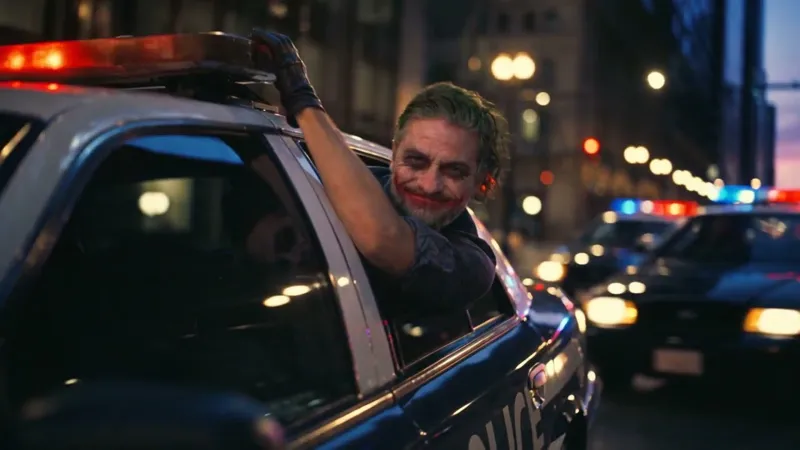 Joker character leaning out of a police car window on a city street at night — thumbnail for the The Joker video